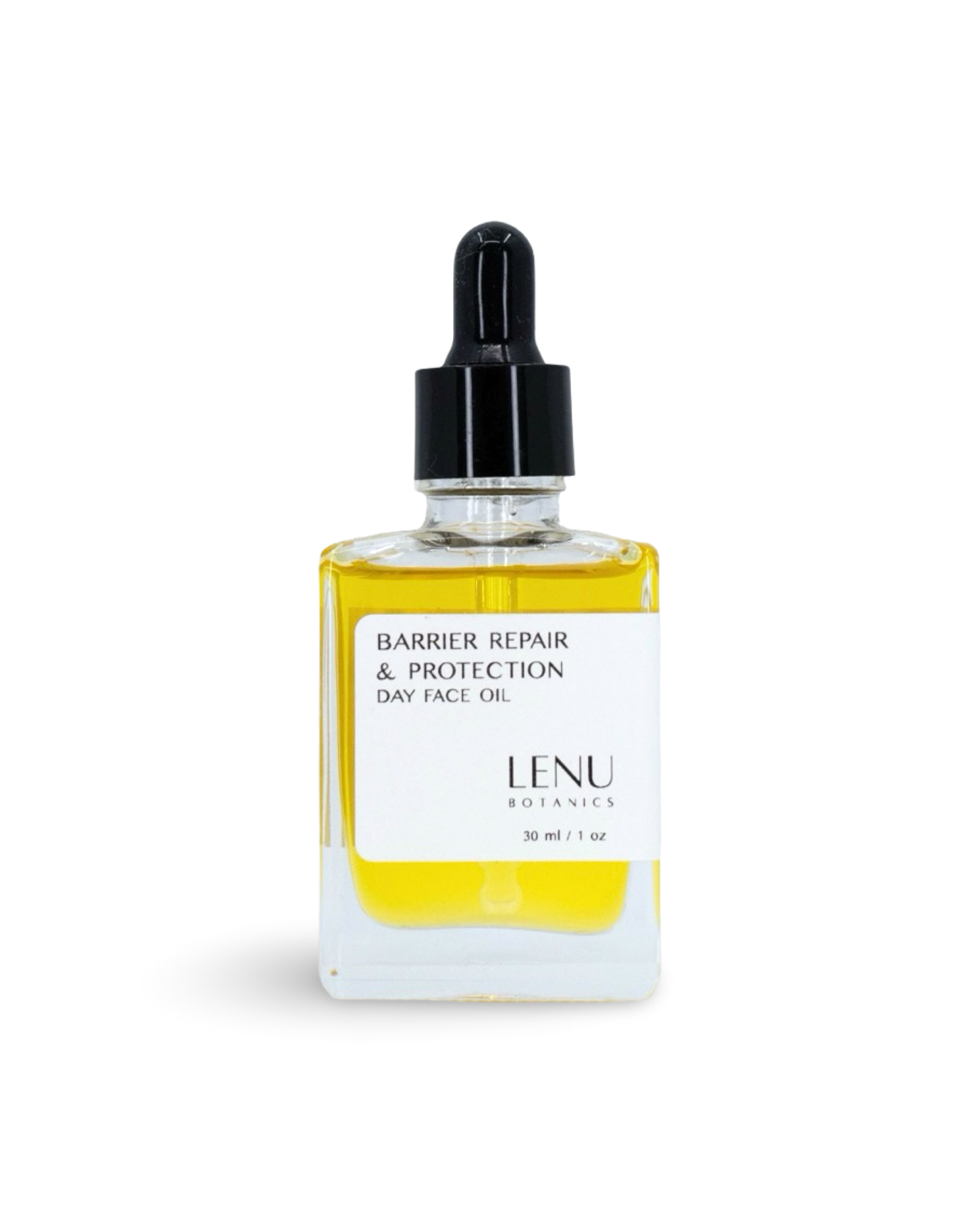 Bottle of Lenu Botanics Barrier Repair & Protection Day Face Oil on a white background