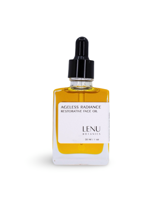 Bottle of Lenu Botanics Ageless Radiance Restorative Face Oil on a white background