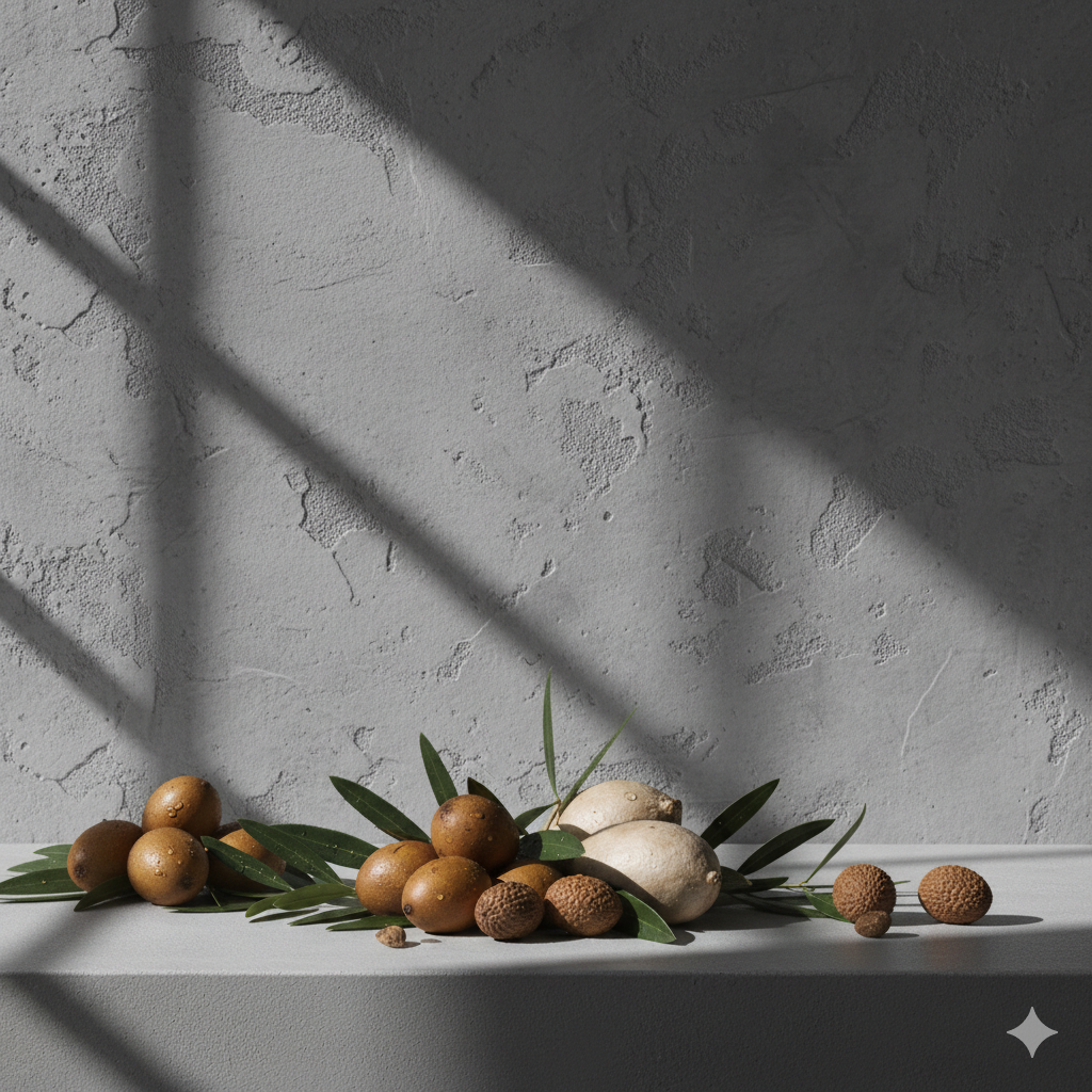 Fruit arrangement on a white surface with a gray textured wall background