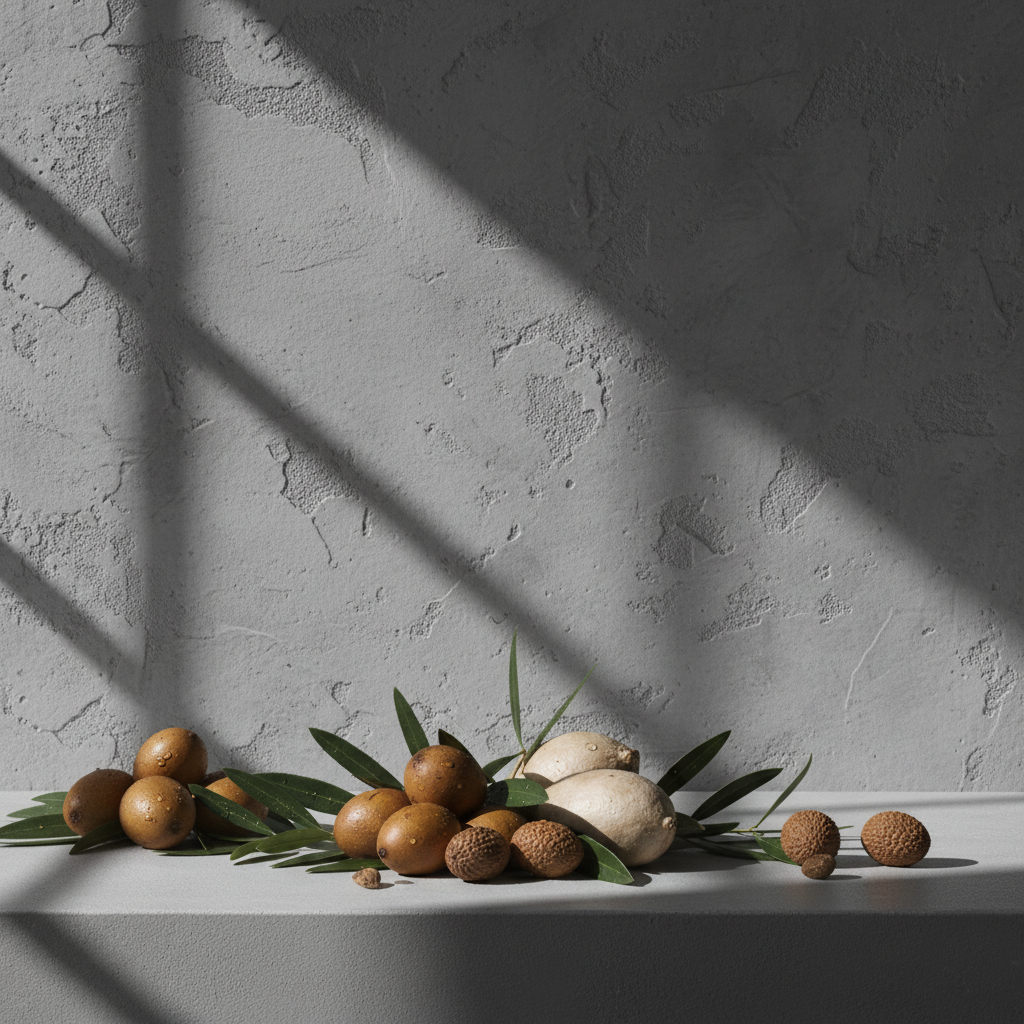 Fruits and leaves on a white surface with a gray textured wall background